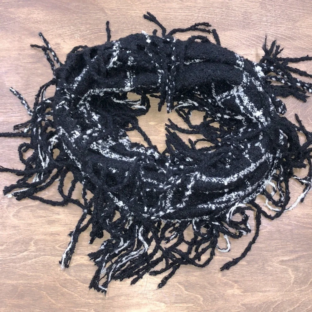 Black & white plaid flannel fringe infinity scarf